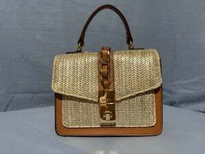 Aldo Caiilllaaa Top Handle Structured Shoulder Bag in Cognac and Gold Straw